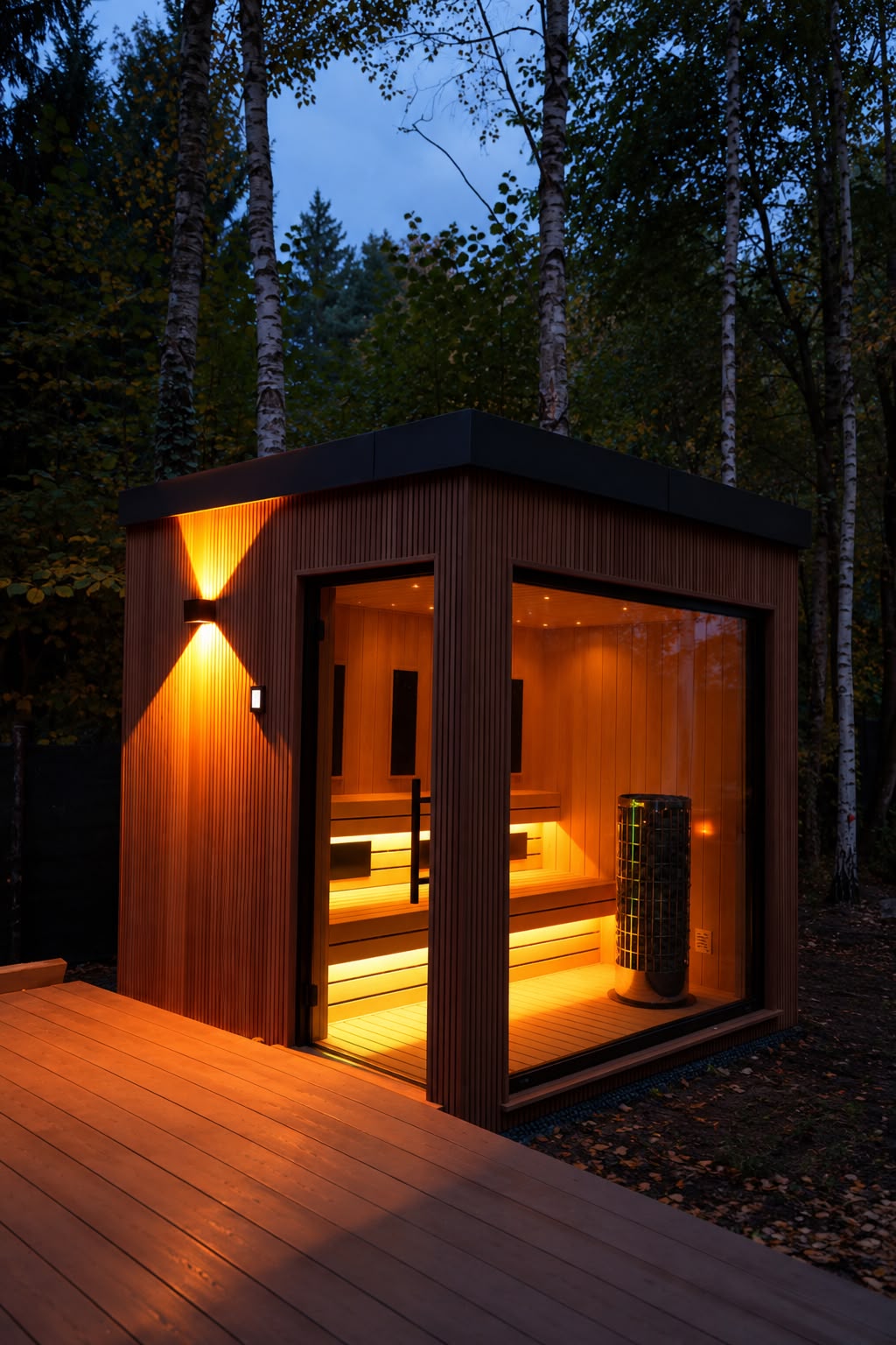 Sauna ogrodowa o zmierzchu